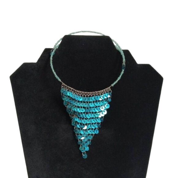 Relativity Blue & Silver Beaded Sequined Bib Style  Memory Wire Choker Necklace - Picture 1 of 9